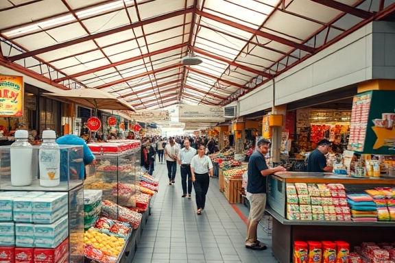 responsive grid, precisely aligned, expanding and contracting, photorealistic, open-air market during the day bustling with vendors, highly detailed, floating elements transitioning, pixel-perfect clarity, pastel colors with a splash of red, diffused overcast lighting, shot with a standard lens.