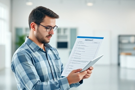 comprehensive maintenance checklist, thoughtful, reviewing checklist on a tablet, photorealistic, modern office with minimalist design, highly detailed, interactive checklist and moving icons, high resolution, clean white and blue color palette, natural daylight, shot with a standard lens.