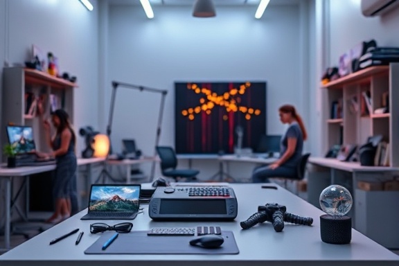 pioneering software design, visionary gaze, creating prototypes, photorealistic, artist studio featuring tech implements, highly detailed, brainstorming sessions, elegant curves, vibrant palettes, diffuse lighting, shot with a 24mm lens
