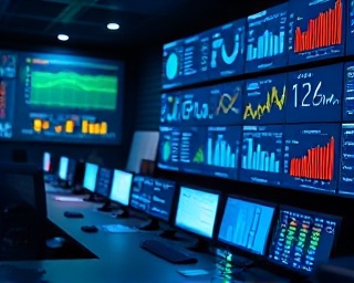 intuitive maintenance dashboard, focused, analyzing data charts, photorealistic, tech-control room with multiple monitors, highly detailed, animated graphs and blinking lights, high contrast, blue and green hues, soft spotlights, shot with a telephoto lens.