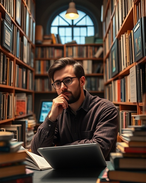 complex SEO content, thoughtful expression, crafting articles, photorealistic, inside a cozy library surrounded by books and digital devices, highly detailed, information flowing on screens, crisp details, warm colors, soft lighting, shot with a 50mm lens.