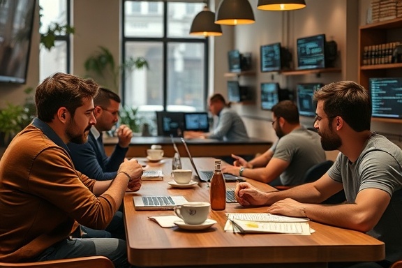 holistic frontend coding, relaxed, sipping coffee, photorealistic, trendy cafe setting surrounded by code enthusiasts, highly detailed, interactive displays, minimalistic design, earth tones, window-side lighting, shot with a prime lens