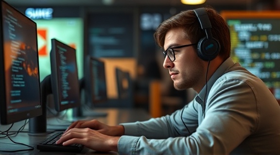 advanced frontend coding, intellectual demeanor, debugging code, photorealistic, cyber cafe setting with graphic art, highly detailed, quiet keystrokes, seamless lines, saturated colors, natural daylight, shot with an 85mm lens