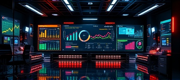 futuristic responsive layout, sleek, displaying dashboard interface, photorealistic, high-tech lab with digital screens, highly detailed, real-time data synchronization, adaptive grid system, vibrant neon colors, low light with glowing elements, shot with a wide-angle lens