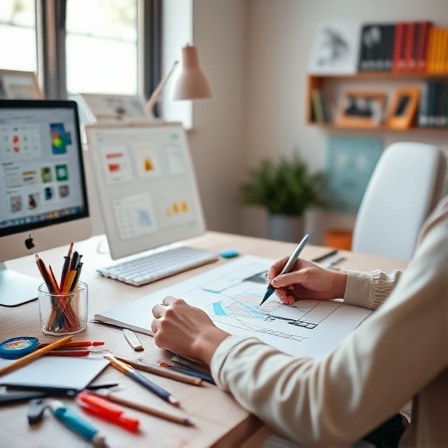 innovative software design, inspired look, sketching layouts, photorealistic, creativem workspace with sketch pads, highly detailed, interactive screens, precise vectors, pastel colors, backlight, shot with a tilt-shift lens