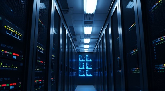 sophisticated backend systems, thoughtful glance, configuring servers, photorealistic, data center with blinking lights, highly detailed, cooling fans whirring, seamless algorithms, dark blues, fluorescent lighting, shot with a wide-angle lens