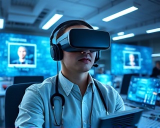 reliable maintenance support, attentive, communicating through VR headset, photorealistic, futuristic contact center with digital screens and AI assistants, highly detailed, holographic avatars and real-time data streams, 4K quality, silver and blue tones, cool LED ambiance, shot with a fisheye lens.