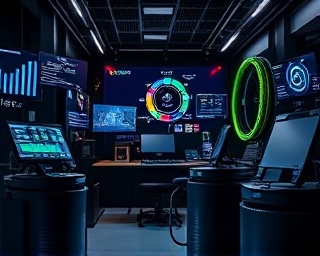 advanced maintenance tools, innovative, using AI-driven gadgets, photorealistic, sleek tech room filled with smart devices, highly detailed, animated AI interactions and digital readouts, ultra-sharp, black and neon accents, soft focus spotlights, shot with a prime lens.