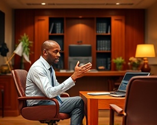 empowering company mission leadership, inspiring expression, conducting a meeting, photorealistic, executive office with wooden furniture, highly detailed, spinning office chairs, high-resolution focus, luxury hues, focused task lighting, shot with a 100mm lens.