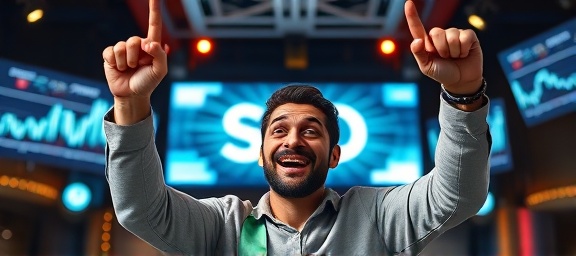 impressive SEO ranking, triumphant expression, celebrating achievement, photorealistic, at a vibrant digital conference with flashing screens, highly detailed, charts and numbers swirling, sharp resolution, bold colors, spotlight effects, shot with a 24mm lens.