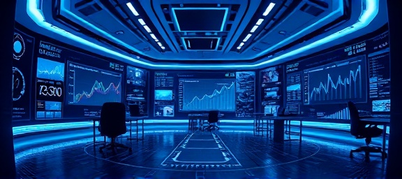 cutting-edge ecommerce platform, sleek, displaying analytics, photorealistic, futuristic control room with holograms, highly detailed, pulsing data visuals, 6k resolution, cool blue tones, spot lighting, shot with a fisheye lens