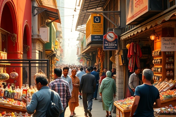 bustling ecommerce marketplace, lively, showcasing products, photorealistic, vibrant bazaar atmosphere with diverse stalls, highly detailed, moving crowds, 4k resolution, rich earthy colors, morning sunlight, shot with a 24-70mm lens