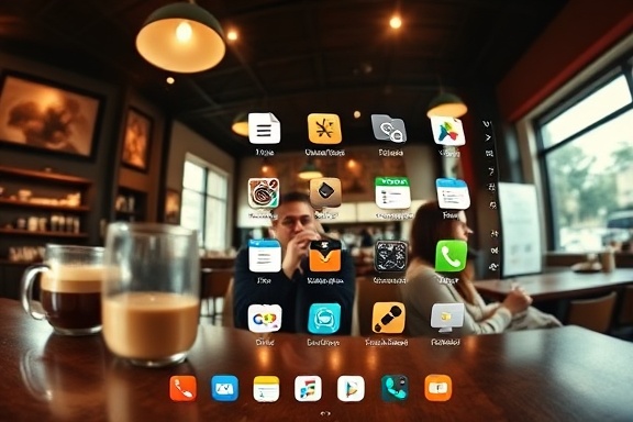 responsive interface, intuitive and clean, adapting seamlessly, photorealistic, a coffee shop setting with patrons in the background sipping beverages, highly detailed, animated icons and widgets, glossy finish, earth tones with hints of teal, ambient soft lighting, shot with a fisheye lens.