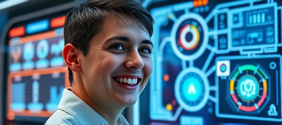 interactive technology interface, delighted expression, testing features, photorealistic, futuristic setup with multiple interfaces, highly detailed, responsive feedback, fluid navigation, bright contrasts, LED lighting, shot with a close-up lens