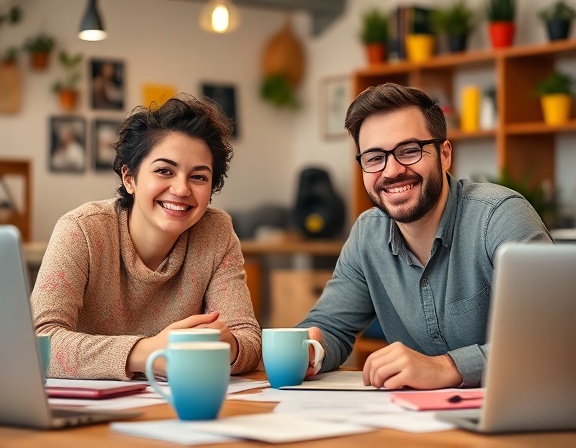 collaborative company mission teamwork, cheerful expression, working together, photorealistic, co-working space with vibrant decor, highly detailed, scattered papers and coffee mugs, soft bokeh, warm colors, ambient lighting, shot with a 50mm lens.