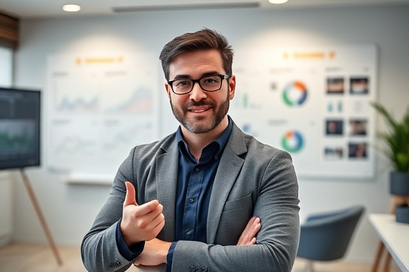 expert SEO expert, confident expression, offering consultation, photorealistic, in a sleek consulting room with whiteboard and displays, highly detailed, data visualization tools present, sharp clarity, neutral tones, diffused lighting, shot with a 105mm lens.