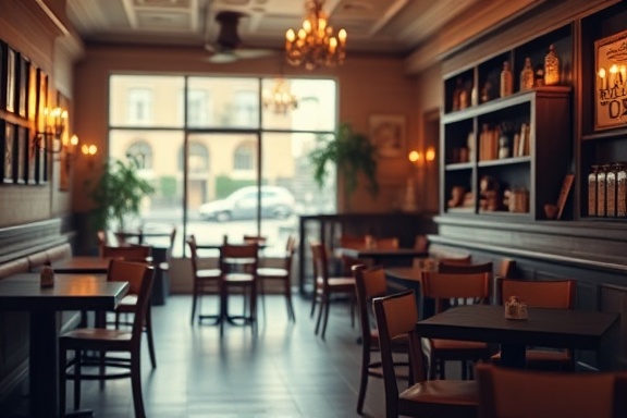 classic design wireframe, timeless, conceptualizing blog layout, photorealistic, cozy café with wooden furniture and warm atmosphere, highly detailed, layered effects for depth, semantic HTML structure, sepia tones, candlelit ambient light, shot with a tilt-shift lens