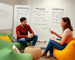 enthusiastic company mission teamwork, engaged expression, group discussion, photorealistic, casual atmosphere with bean bags and whiteboards, highly detailed, scribbles on board, gentle focus, vibrant lively colors, natural daylight, shot with a 28mm lens.